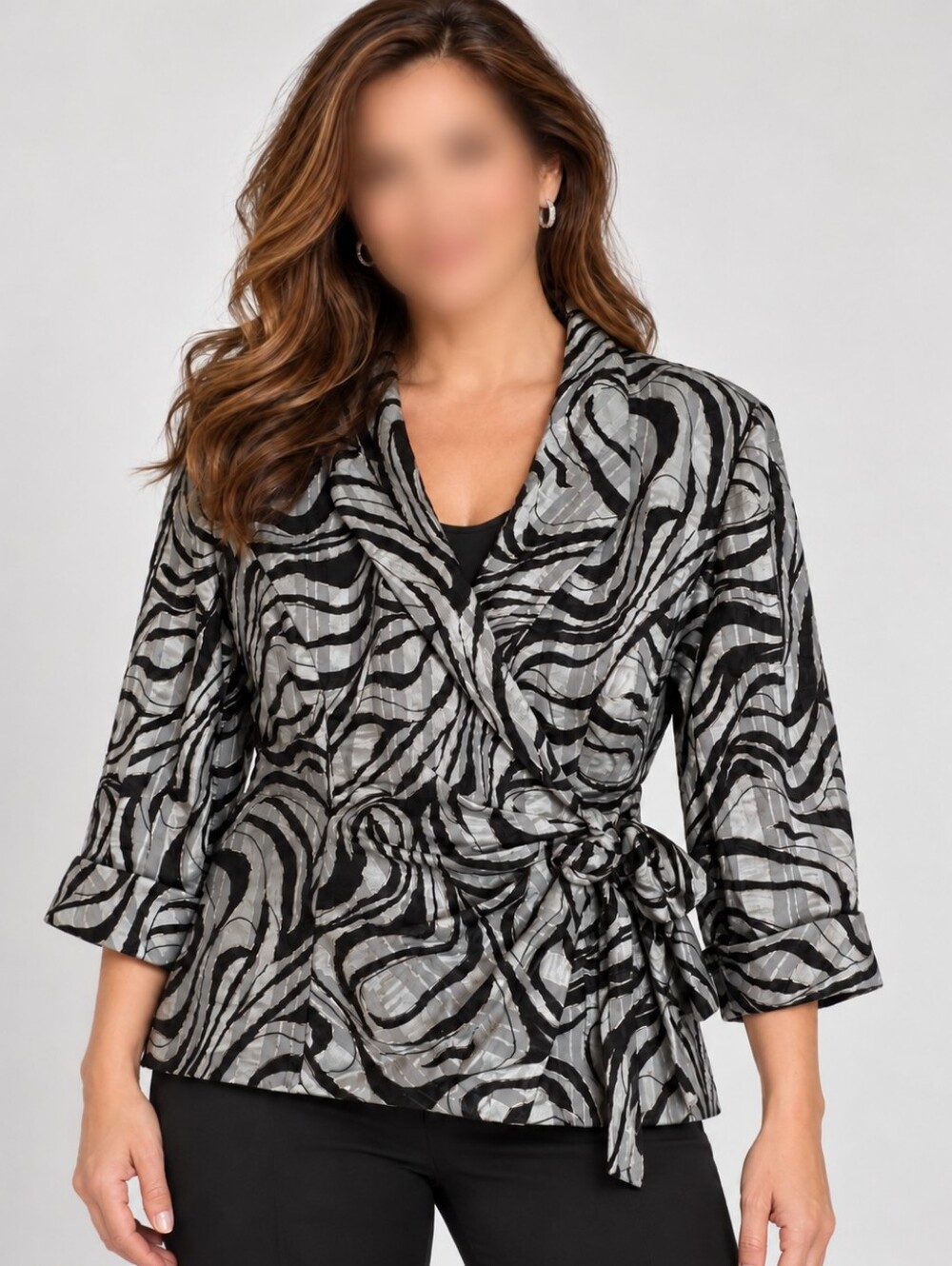 Alex Evenings Petite M Black Silver Metallic Wrap Tie Jacket Blazer